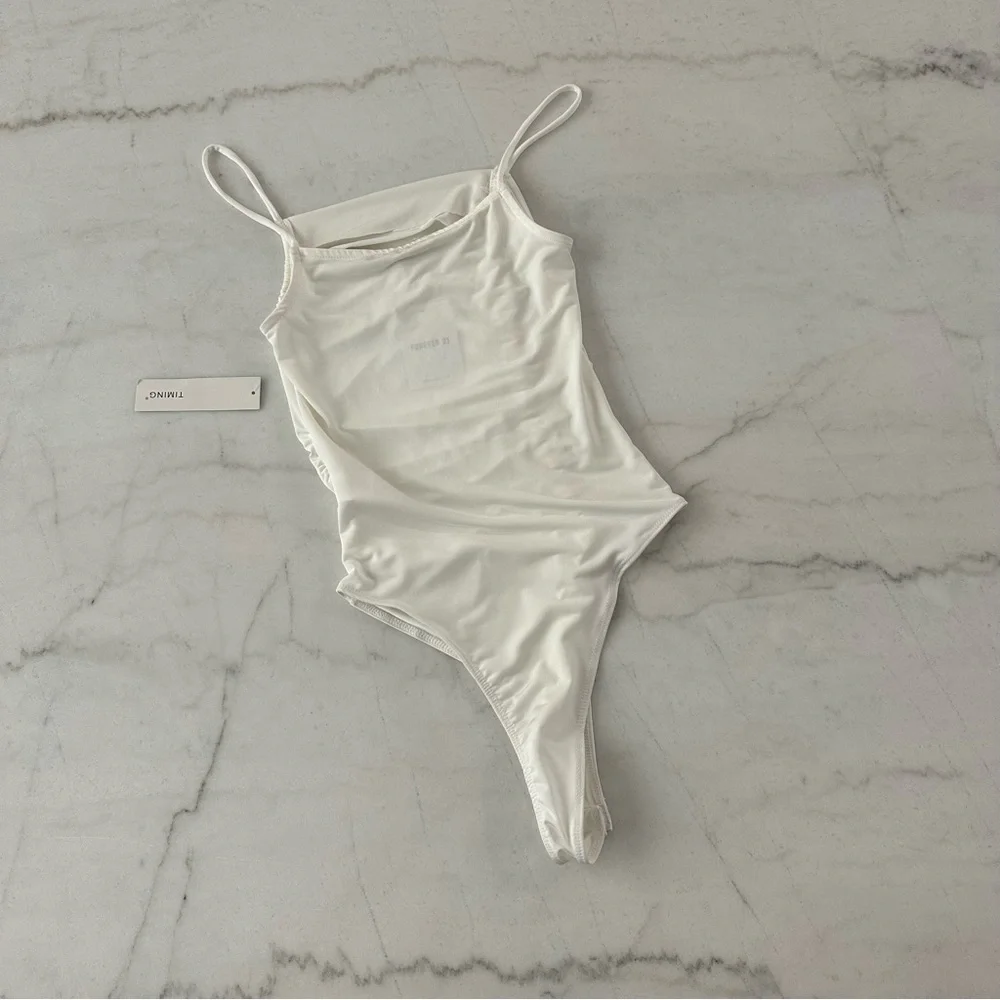 F21 BODYSUIT ✨ Bundle 2 bodysuit white tan ruching thin strap sexy nwt tank s - Picture 3 of 6
